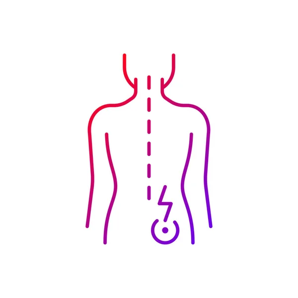 右下の腰痛勾配線型ベクトルアイコン 捻挫やひずみ 筋肉関連の片側腰痛 細い線の色記号 現代風ピクトグラム ベクトル絶縁外形図面 — ストックベクタ