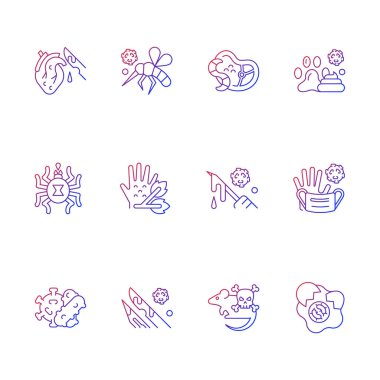 Biyolojik tehlike eğrisi doğrusal vektör simgeleri ayarlandı. Virüslü kan taşıyan böcekler. Tehlikeli bir virüs yayılıyor. İnce çizgili sembol demetleri. İzole vektör ana hatları illüstrasyon koleksiyonu