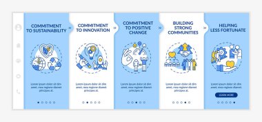 Organizasyonel temel değerler vektör şablonunda. Simgeli ilgili mobil web sitesi. Web sayfasında 5 basamaklı ekranlar. Doğrusal çizimlerle sürdürülebilirlik rengi kavramına bağlılık