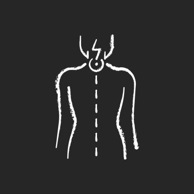 Boyun ağrısı siyah arka planda beyaz tebeşir ikonu. Sinir kökü sıkışması. Rahim ağzı iltihabı. Omurilik sinirlerine baskı. Zayıf duruşundan dolayı sarkıyor. İzole edilmiş vektör karatahta çizimi
