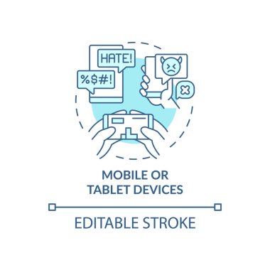 Mobil ve tablet cihazları konsepti simgesi. Siber zorbalık kanalı fikri ince çizgi çizimi. Tehditlerle isimsiz mesajlar gönderiyor. Vektör izole edilmiş RGB renk çizimi. Düzenlenebilir vuruş