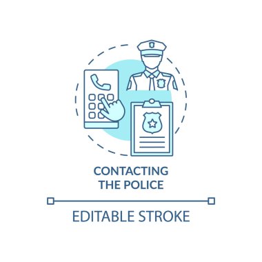 Polis konsept ikonu ile bağlantı kuruyorum. Siber zorbalık fikrinin ince çizgi çizimini bildir. Polis karakoluna tacizle ilgili rapor veriyorum. Vektör izole edilmiş RGB renk çizimi. Düzenlenebilir vuruş