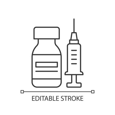 Aşı şişesi doğrusal simgesi. İlaç ve şırınga şişesi. Eczacılık çaresi. Grip ilacı. İnce çizgi özelleştirilebilir illüstrasyon. Contour sembolü. Vektör izole çizim. Düzenlenebilir vuruş