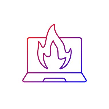 Bilgisayar gradyan doğrusal vektör simgesi yakıyor. Donanım kazası, aşırı ısınma sorunu. Dizüstü bilgisayar, bilgisayar sorunları. İnce çizgi renkli semboller. Modern tarz pictogram. Vektör izole çizimi