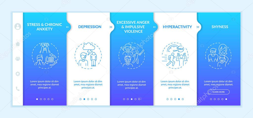 Psychology of self-control development onboarding vector template. Responsive mobile website with icons. Web page walkthrough 5 step screens. Mental health color concept with linear illustrations