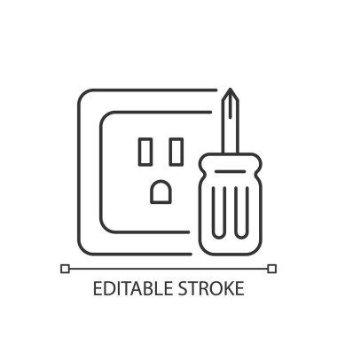 Outlet onarım doğrusal simgesi. Elektrik prizleri ve prizler. Voltaj testi. Aygıt bağlantısı. İnce çizgi özelleştirilebilir illüstrasyon. Contour sembolü. Vektör izole çizim. Düzenlenebilir vuruş