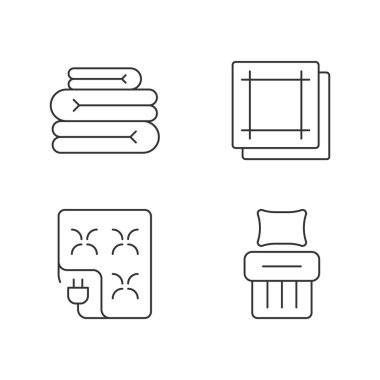 Ev yapımı tekstil ikonları ayarlandı. Katlanmış çarşaflar. Elektrikli battaniye. Mutfak peçeteleri. Çarşaf. Özelleştirilebilir ince çizgi şekilleri. İzole vektör çizimi çizimleri. Düzenlenebilir vuruş