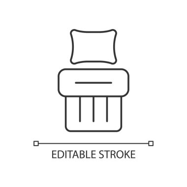 Tek kişilik yatak doğrusal simge. Yastıklı battaniye. Dinlenmek için otel odası. Rahat bir yatak. İnce çizgi özelleştirilebilir illüstrasyon. Contour sembolü. Vektör izole çizim. Düzenlenebilir vuruş
