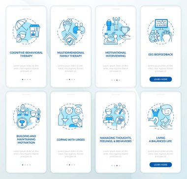 Rehabilitasyon, mobil uygulama sayfası ekranında konseptler ayarlandı. Bağımlılık çeşitliliği 5 adımlık grafik talimatlar. UI, UX, doğrusal renk çizimleri olan GUI vektör şablonu