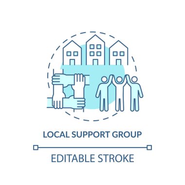 Yerel destek grubu konsepti simgesi. Rehabilitasyon tipleri. Hastalıkları tedavi eden kişi. Sağlık soyut fikri ince çizgi çizimi. Vektör izole edilmiş dış hat renk çizimi. Düzenlenebilir vuruş