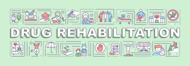 Rehabilitasyon kelimesi afişi kavramsallaştırır. Bağımlılık tedavisi. Yeşil arkaplanda doğrusal simgeleri olan bilgi grafikleri. İzole edilmiş yaratıcı tipografi. Metin ile vektör ana hatları renk illüstrasyonu