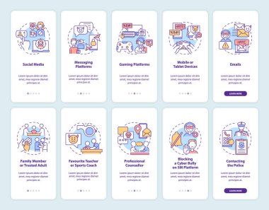Siber taciz kaynakları mobil uygulama sayfası ekranında konseptlerle birlikte. Olayları bildirmek için 5 aşamalı grafik talimatlar. UI, UX, doğrusal renk çizimleri olan GUI vektör şablonu