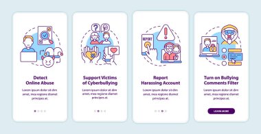 Siber zorbalık önleme mobil uygulama sayfası ekranında kavramlarla birlikte adımlar atıyor. Tespit, dört aşamalı grafik talimatları rapor et. UI, UX, doğrusal renk çizimleri olan GUI vektör şablonu