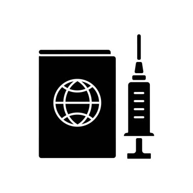 Aşı pasaportu siyah kabartma simgesi. Seyahat kartı, turist kartı. Aşılanmış yolcu belgesi. Sağlık ve ilaç. Beyaz uzayda siluet sembolü. Vektör izole illüstrasyonu