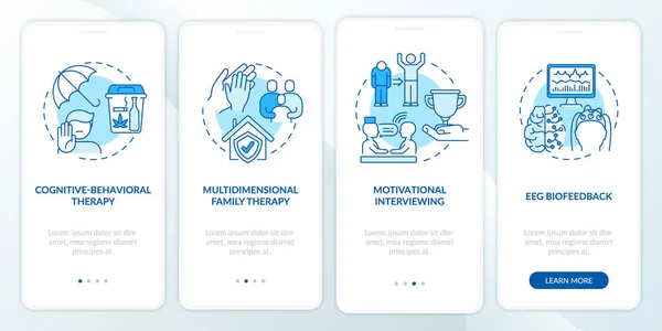 Métodos Tratamiento Adicción Onboarding Pantalla Página Aplicación Móvil Con Conceptos — Vector de stock