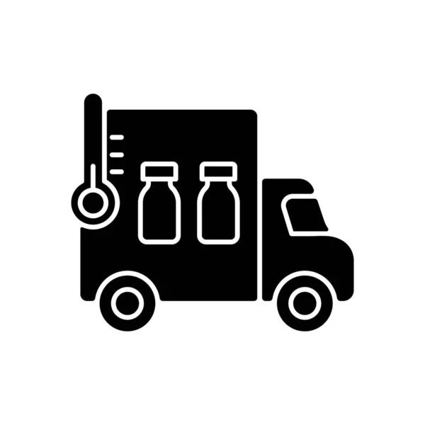 疫苗运输黑色象形文字图标 药品分销 药物治疗运送车 卡车与药物供应 白色空间上的轮廓符号 矢量孤立的说明 — 图库矢量图片