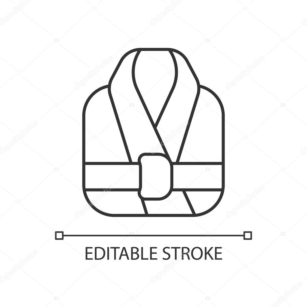 Bath robe linear icon. Clean folded clothes. Bathrobe for shower. Spa wear. Textile products. Thin line customizable illustration. Contour symbol. Vector isolated outline drawing. Editable stroke
