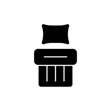 Tek kişilik yatak, siyah kabartma simgesi. Yastıklı battaniye. Dinlenmek için otel odası. Rahat bir yatak. Tekstil ürünleri, ev giysileri. Beyaz uzayda siluet sembolü. Vektör izole illüstrasyonu