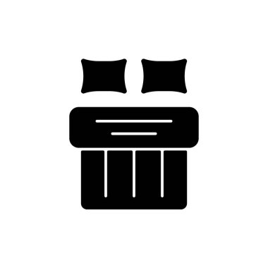 Çift kişilik yatak, siyah kabartma simgesi. Gece dinlenmek için otel odası. Büyük boy çarşaf. Tekstil ürünleri, ev giysileri. Uyku hijyeni. Beyaz uzayda siluet sembolü. Vektör izole illüstrasyonu