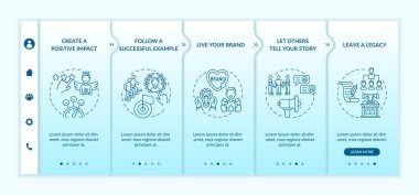 Kişisel marka kuralları vektör şablonunda. Simgeli ilgili mobil web sitesi. Web sayfasında 5 basamaklı ekranlar. Doğrusal çizimlerle kendini etkileyen renk tanıtım kavramı