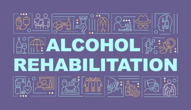 Alkol rehabilitasyon kelimesi afişi kavramsallaştırır. Bağımlılık tedavisi. Mor arkaplanda doğrusal simgeleri olan bilgi grafikleri. İzole edilmiş yaratıcı tipografi. Metin ile vektör ana hatları renk illüstrasyonu