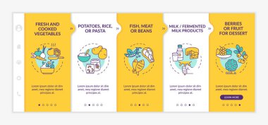 Sağlıklı okul yemeği bileşenleri vektör şablonunda. Simgeli ilgili mobil web sitesi. Web sayfasında 5 basamaklı ekranlar. Doğrusal çizimlerle taze sebze rengi kavramı