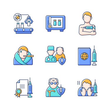 Kapsamlı aşılama RGB renk simgeleri ayarlandı. İlaç üretimi ve depolama. Hastalık tedavisi. Doktor ve hasta. Hastalık belirtileri. Sağlık ve ilaç. İzole vektör çizimleri