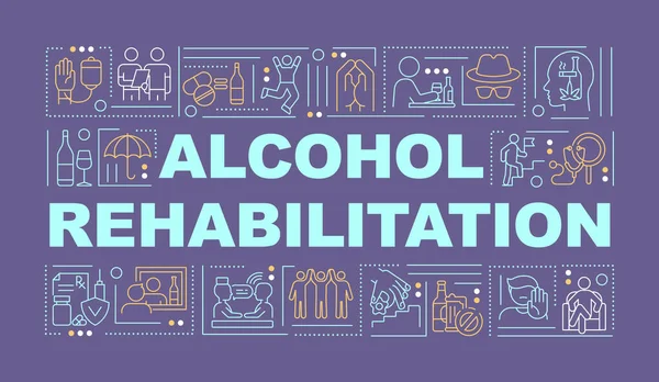 Alkol rehabilitasyon kelimesi afişi kavramsallaştırır. Bağımlılık tedavisi. Mor arkaplanda doğrusal simgeleri olan bilgi grafikleri. İzole edilmiş yaratıcı tipografi. Metin ile vektör ana hatları renk illüstrasyonu