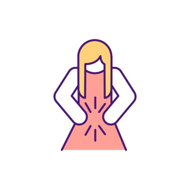 Vücut utandırıcı RGB renk simgesi. Mide ağrısı. Karın rahatsızlığı. Görünüşünü, vücut şeklini ve ağırlığını eleştiriyor. Sindirim sağlığı. Kabızlık, ishal. İzole vektör illüstrasyonu