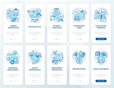 Sera gazı emisyonları mobil uygulama sayfası ekranında konseptlerle birlikte. Sağlık gelişimi 5 aşamalı grafik talimatlar. UI, UX, doğrusal renk çizimleri olan GUI vektör şablonu