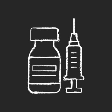 Aşı şişesi siyah arka planda beyaz tebeşir ikonu. İlaç ve şırınga şişesi. Eczacılık çaresi. Grip ilacı. Hastalık tedavisi. Sağlık hizmetleri. İzole edilmiş vektör karatahta çizimi