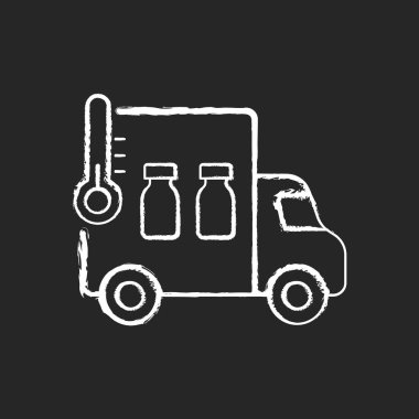 Aşı taşımacılığı siyah arkaplanda beyaz tebeşir ikonu. Uyuşturucu dağıtımı. İlaç tedavisi nakliye minibüsü var. Eczane malzemesi kamyonu. Sağlık hizmetleri. İzole edilmiş vektör karatahta çizimi