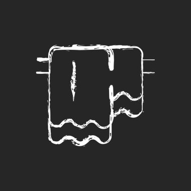 Koyu arkaplana beyaz tebeşir ikonu asıyorum. Duş için temiz mendil. Banyo perdeleri. Tekstil ürünleri, ev giysileri. Ev eşyası. Siyah üzerine izole edilmiş vektör çizimi