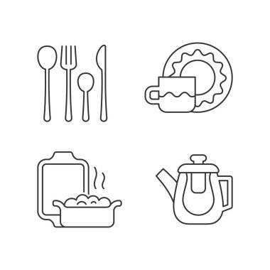 Akşam yemeği aksesuarları doğrusal ikonlar ayarlandı. Sıcak içecekler için ısıtılmış çift cam çaydanlık. Seramik fırın tabağı. Özelleştirilebilir ince çizgi şekilleri. İzole vektör çizimi çizimleri. Düzenlenebilir vuruş