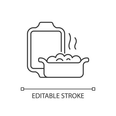 Seramik fırın çanağı doğrusal simgesi. Yüksek sıcaklıklarla başa çıkmak için özel malzeme. Mutfak malzemeleri. İnce çizgi özelleştirilebilir illüstrasyon. Contour sembolü. Vektör izole çizim. Düzenlenebilir vuruş