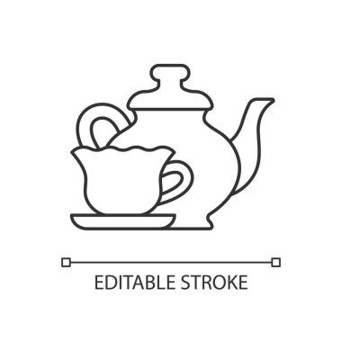Klasik tablo takımı doğrusal simgesi. Özel etkinlik için antika yemek takımı. Güzel masa eşyaları. İnce çizgi özelleştirilebilir illüstrasyon. Contour sembolü. Vektör izole çizim. Düzenlenebilir vuruş