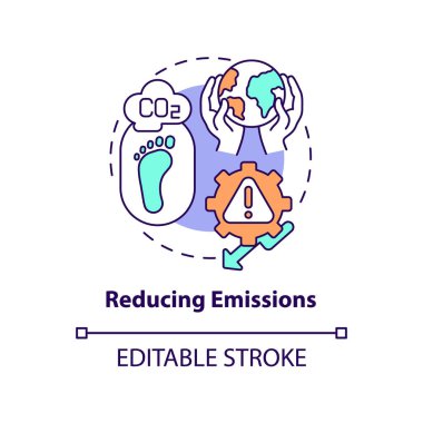 Emisyon konsepti simgesi azaltılıyor. Karbon dengeleyici soyut fikir ince çizgi çizimi. Enerji tüketimini azaltma. Sıfır ağ emisyonu. Vektör izole edilmiş dış hat renk çizimi. Düzenlenebilir vuruş