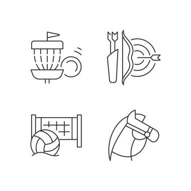 Yaz kampı aktiviteleri doğrusal simgeler oluşturuldu. Frizbi golfü. Okçuluk. Plaj futbolu. At biniciliği. Özelleştirilebilir ince çizgi şekilleri. İzole vektör çizimi çizimleri. Düzenlenebilir vuruş