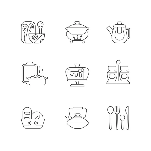 时尚餐具线形图标设置 特别设计的厨房用具 刀叉和勺子 可定制的细线轮廓符号 孤立的矢量轮廓图解 可编辑笔划 — 图库矢量图片