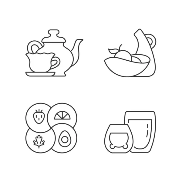 时尚厨房用具线形图标设置 分段板和分割盘 双杯热茶 可定制的细线轮廓符号 孤立的矢量轮廓图解 可编辑笔划 — 图库矢量图片