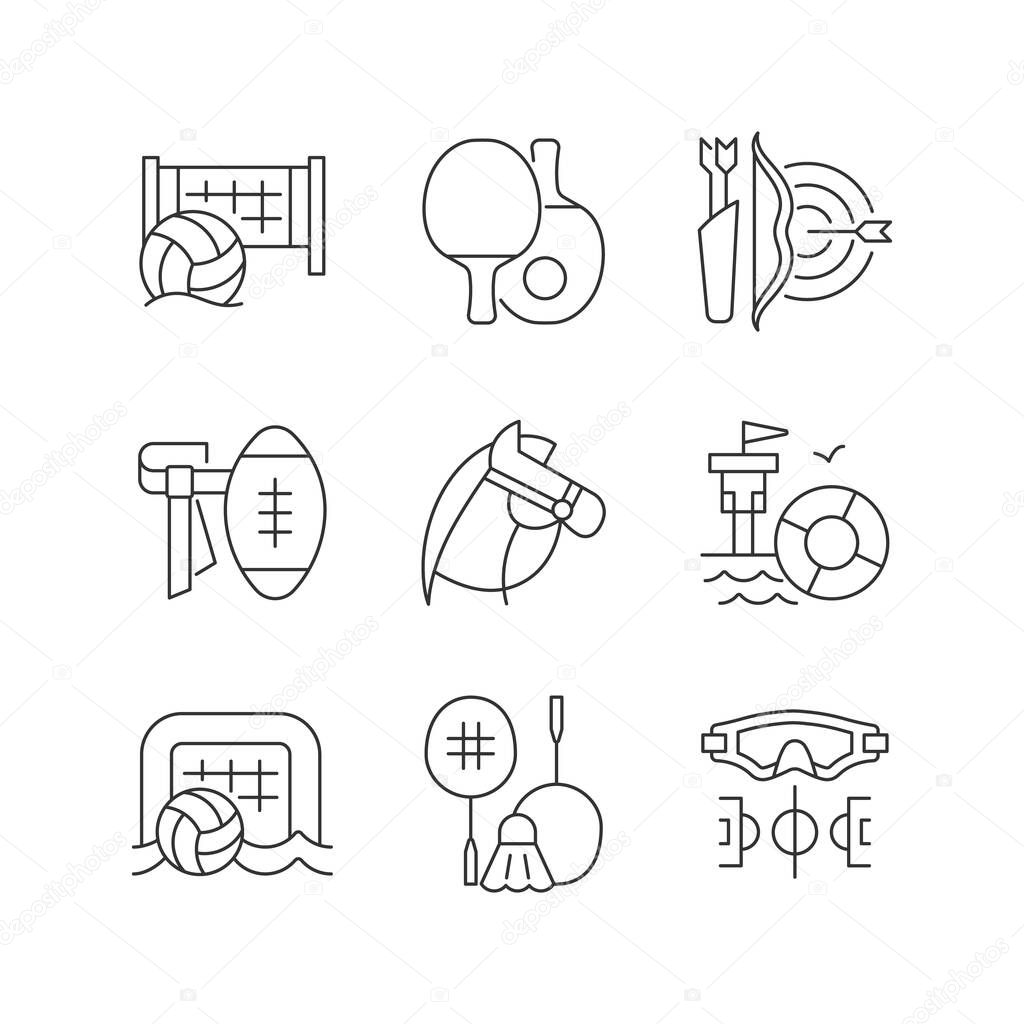 Summer camp activities linear icons set. Beach volleyball. Ping pong. Archery. Horseback riding. Customizable thin line contour symbols. Isolated vector outline illustrations. Editable stroke