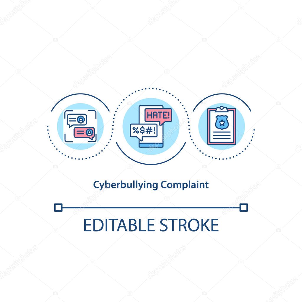 Cyberbullying complaint concept icon. Reporting harmful content in social media idea thin line illustration. Collecting evidence. Vector isolated outline RGB color drawing. Editable stroke