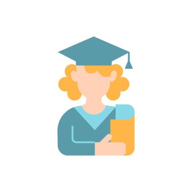 Kız öğrenci vektör düz renk simgesi. Genç yetişkinlik. Ergenlik çağının sonlarına doğru. Mezun olan kız. Üniversite eğitimi. İnsan avatarı. Mobil uygulama için çizgi film klip sanatı. İzole edilmiş RGB illüstrasyonu