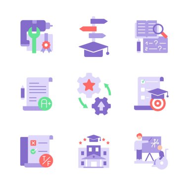 Öğrenci yaşam vektörü düz renk simgesi seti. Eğitim fırsatları ve dersler için eğitim. Üniversite mezuniyeti. Mobil uygulama paketi için çizgi film klip sanatı. İzole edilmiş RGB resimleme paketi