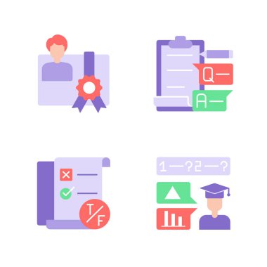 Vektör düz renk simgesi inceleniyor. Eğitim ve öğrenim. Mezuniyet diploması. Yetenek değerlendirmesi, öğrenme kursu. Mobil uygulama paketi için çizgi film klip sanatı. İzole edilmiş RGB resimleme paketi