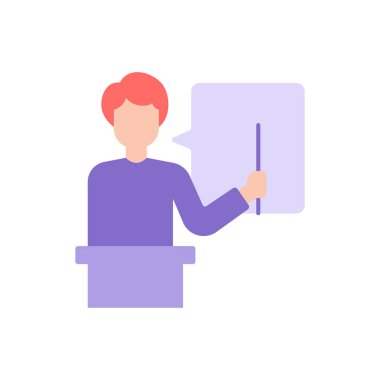 Anaokulu öğretmeni vektör düz renk simgesi. Üniversite derslerinde ders veriyorum. Eğitim ve öğrenim. Yetenek geliştirme, öğrenme kursu. Mobil uygulama için çizgi film klip sanatı. İzole edilmiş RGB illüstrasyonu