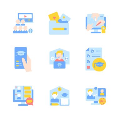 Uzak sınıflar vektör düz renk simgesi seti. Yeme kursu. Online eğitim. Uzaktan üniversite dersleri. Mobil uygulama paketi için çizgi film klip sanatı. İzole edilmiş RGB resimleme paketi