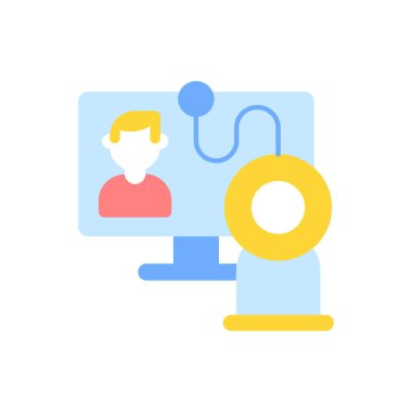 Video sohbet vektörü düz renk simgesi. Uzak bağlantı için web kamerası. Çevrimiçi buluşma cihazı. İnternetten yayınlanacak bir ağ. Mobil uygulama için çizgi film klip sanatı. İzole edilmiş RGB illüstrasyonu