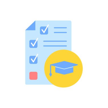 Bilgi değerlendirme vektörü düz renk simgesi için test kağıdı. Yetenek değerlendirmesi, öğrenme kursu değerlendirmesi. Üniversite eğitimi. Mobil uygulama için çizgi film klip sanatı. İzole edilmiş RGB illüstrasyonu