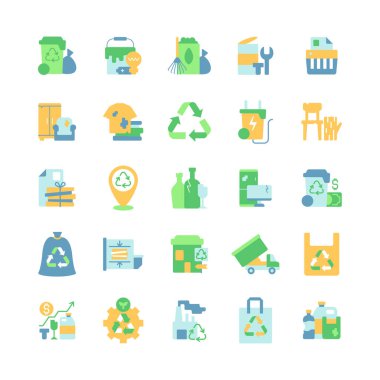 Atık yönetimi vektörü düz renk simgesi seti. Yerleşik atık toplama. Kağıt öğütme. Toplu reddetme. Mobil uygulama paketi için çizgi film klip sanatı. İzole edilmiş RGB resimleme paketi